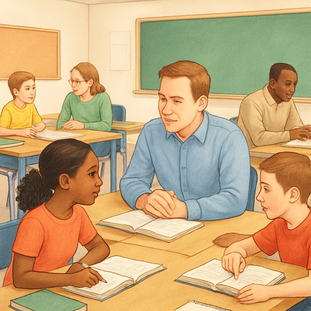 A classroom scene with students receiving one-on-one tutoring support. Students receiving academic support in a classroom setting, enhancing student success rates.