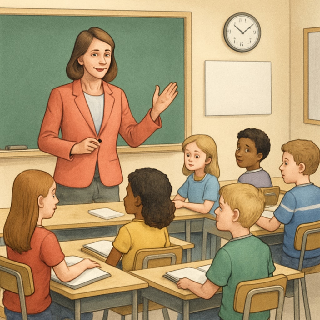 A teacher addressing a classroom with an attentive group of students, illustrating effective classroom management. A teacher managing a classroom effectively to reduce disruptions.
