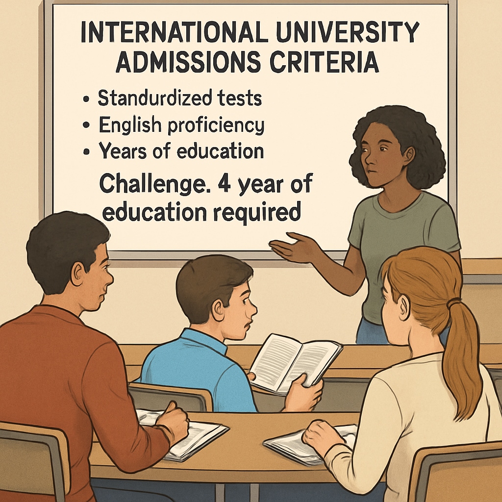 Students reviewing international university admissions criteria in a classroom setting, highlighting challenges related to education year requirements. Students discussing education system disparities and EU admission criteria.