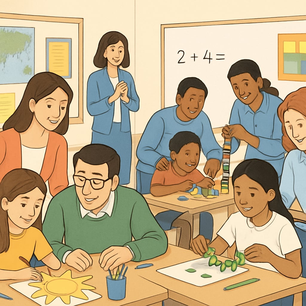 A school event with parents, teachers, and students collaborating in a workshop. School workshop involving parents and teachers, emphasizing community engagement in education.