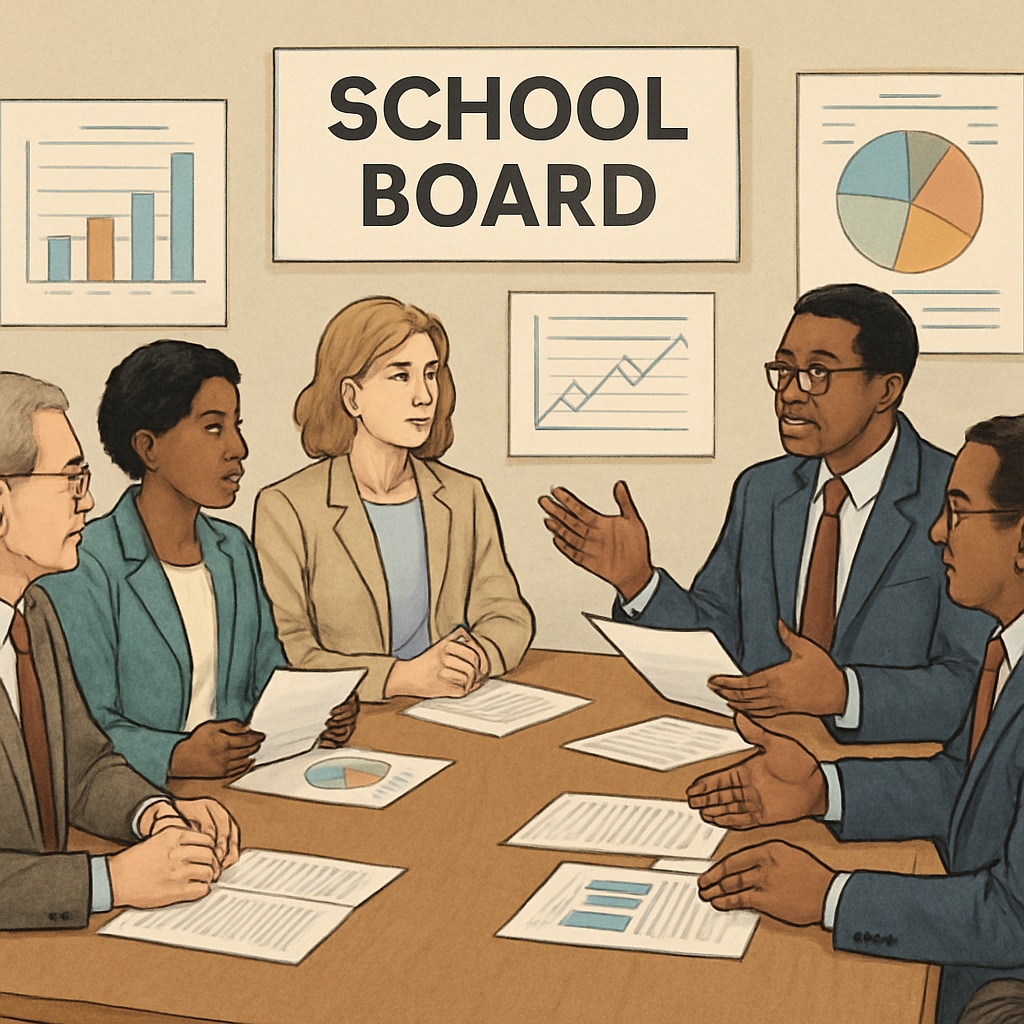 A school board meeting in progress, with members discussing education policies and strategies for improvement. School board members discussing educational policies and strategies during a meeting.