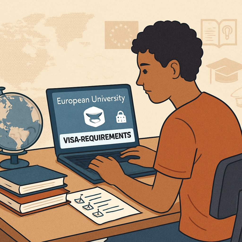 A student researching EU university visa requirements online, representing barriers faced by international applicants. A student exploring visa policies for EU universities, impacted by education system disparities.