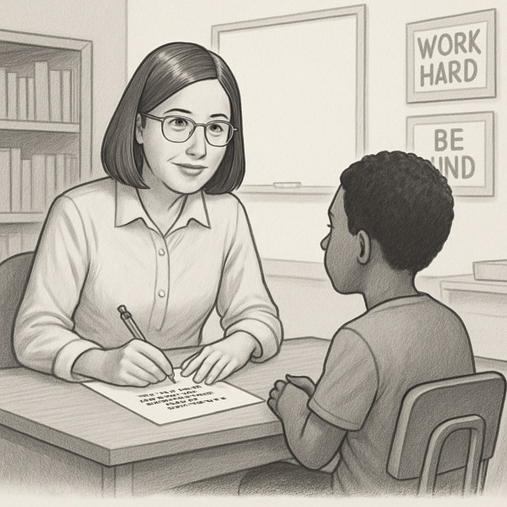 A school counselor working one-on-one with a student, representing individualized behavior intervention programs. A school counselor providing tailored support to a student.