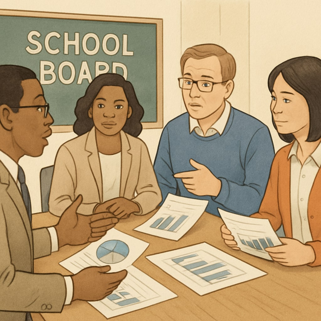 A diverse group of school board members reviewing student performance data and discussing strategies for improvement. School board members analyzing student performance metrics in a collaborative setting.