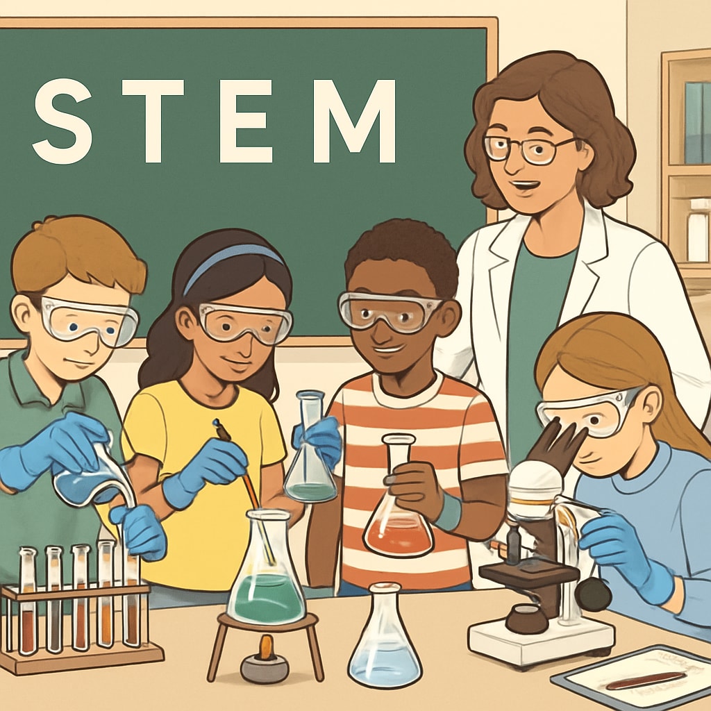 A STEM classroom with students conducting experiments safely under teacher supervision. STEM education challenges, teacher professionalism, lab safety image.