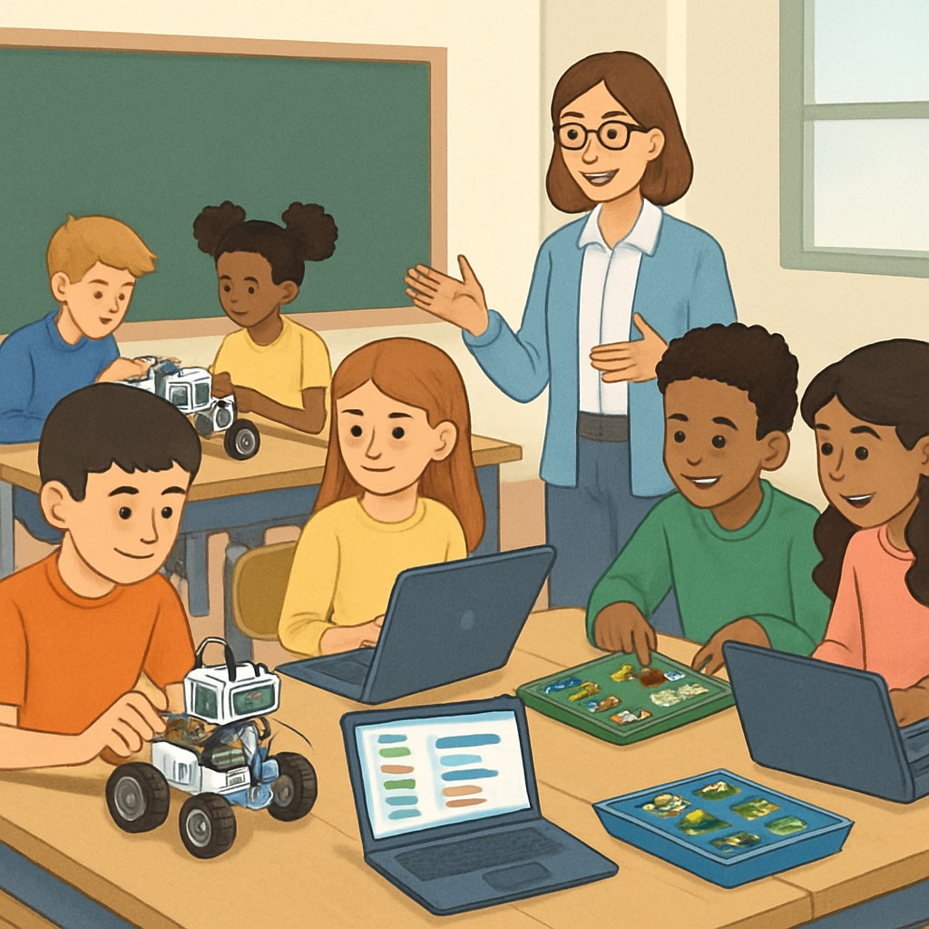 Students in a classroom working on robotics and coding projects as part of K12 education.