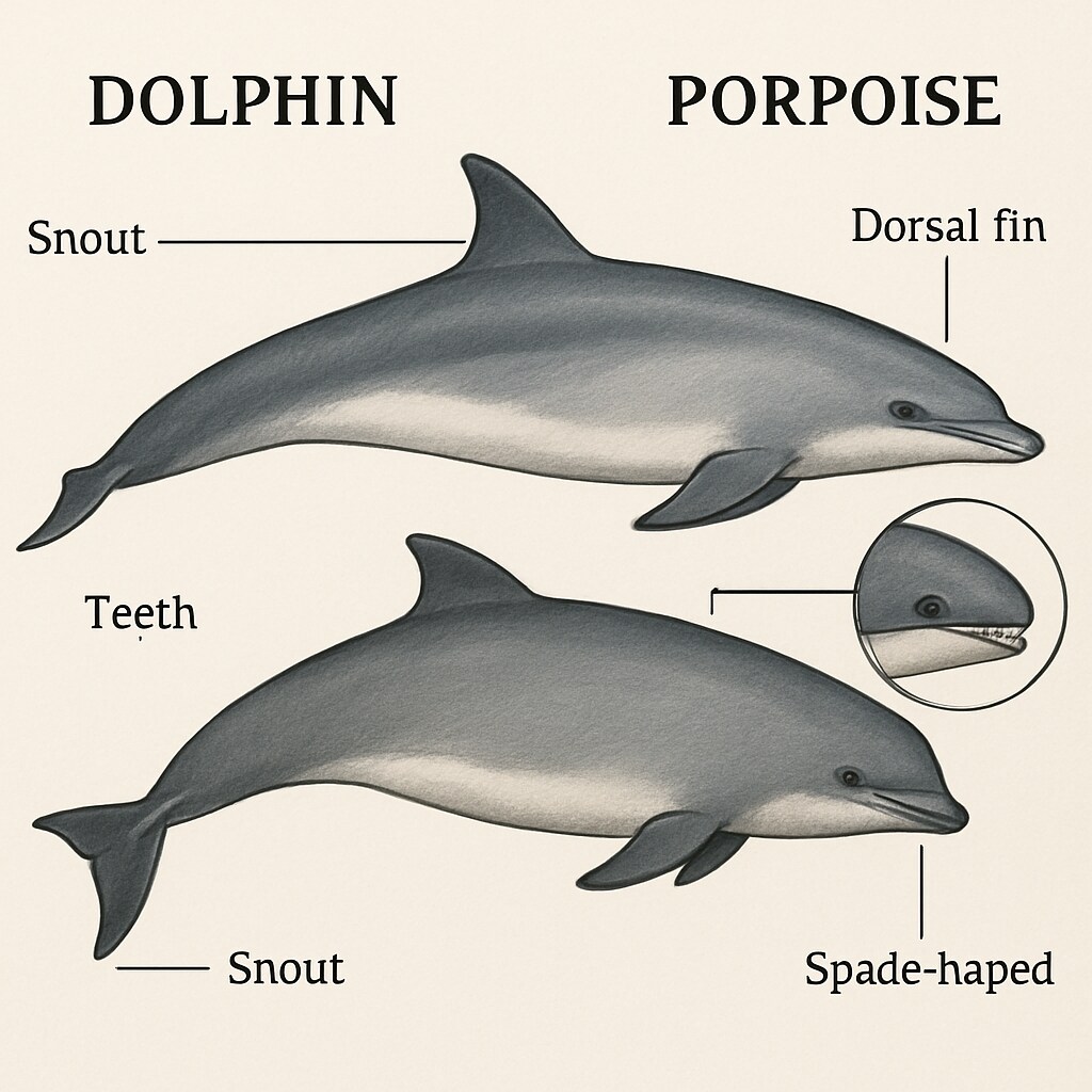 A detailed illustration comparing the physical traits of dolphins and porpoises, highlighting differences in snout, dorsal fin, and teeth. Comparison of dolphin and porpoise traits, including snout shape and dorsal fin.
