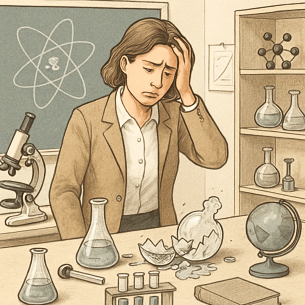 A frustrated teacher in a science lab looking at broken equipment. Administrative incompetence and lab safety challenges in STEM education.