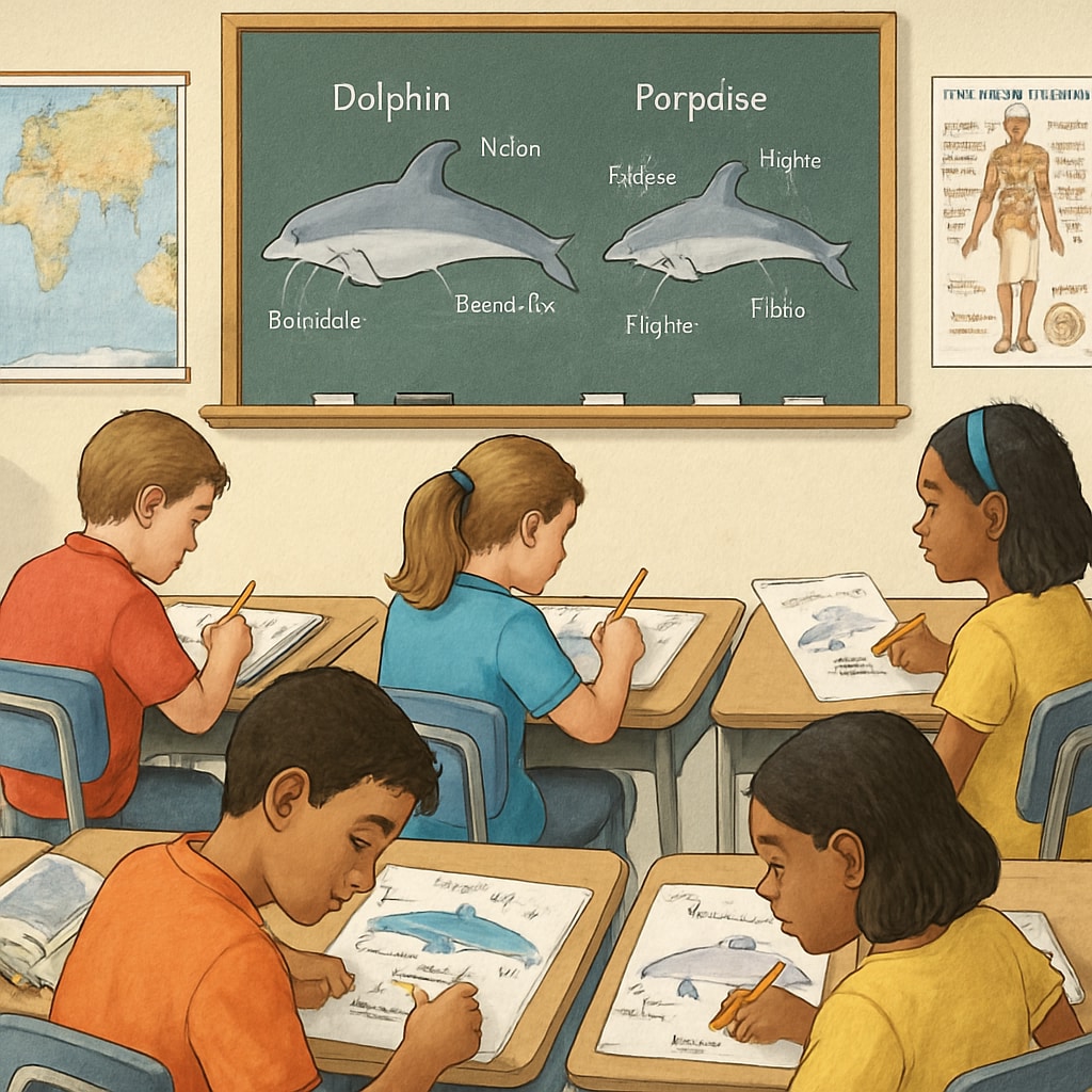 A classroom setting where students are drawing and labeling the anatomical features of dolphins and porpoises. Students in a classroom studying dolphin and porpoise anatomy through drawings.