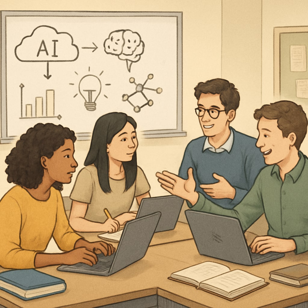 Students engaged in AI project collaboration during an interactive workshop.