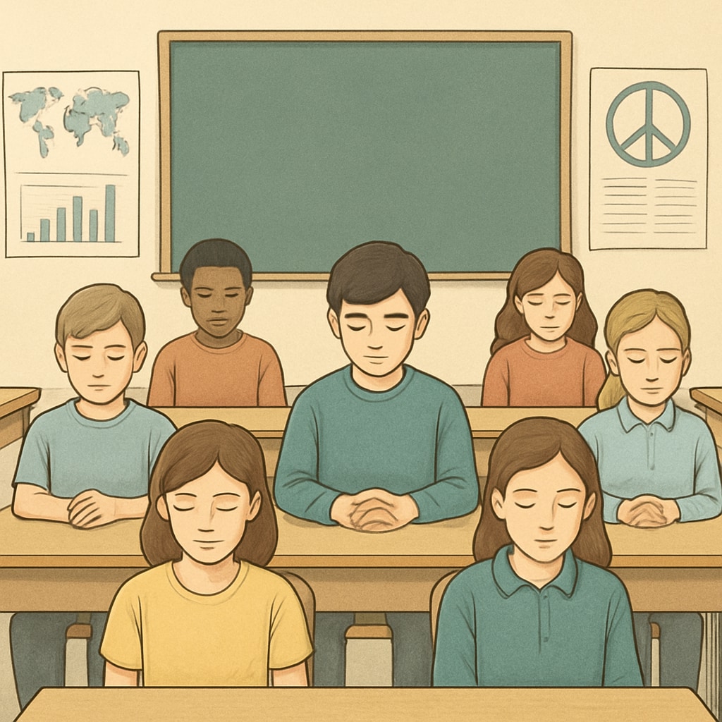 A classroom with students observing a moment of silence, symbolizing reflection on global conflicts. Students in a classroom during a moment of silence for war victims, including Gaza.