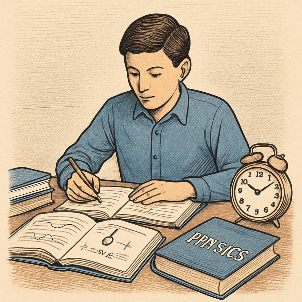 A student studying physics with textbooks and a clock on the table to represent time management. Time management for physics exams with a student and clock.