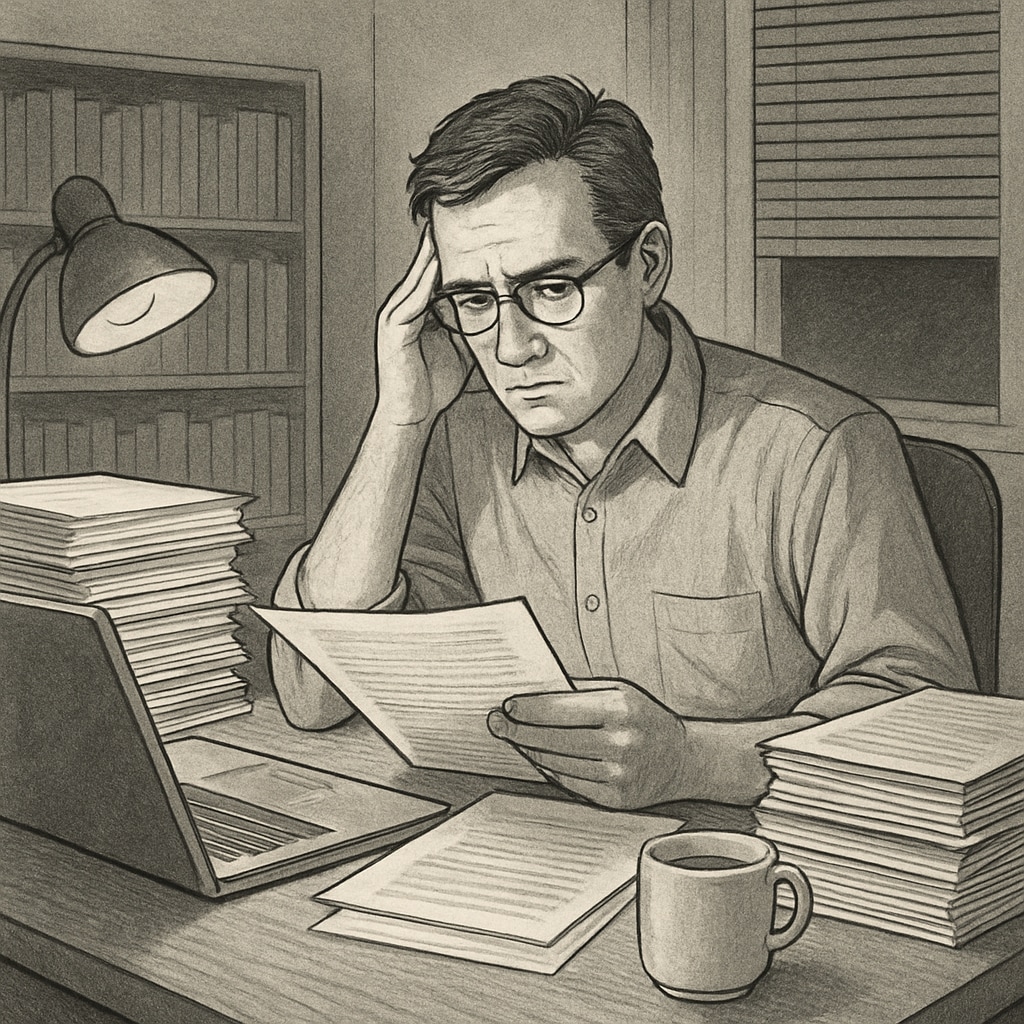 An adjunct faculty member working late at night, surrounded by academic papers and a laptop, symbolizing the pressure of unpaid research demands. Adjunct faculty working late under academic publishing pressure.