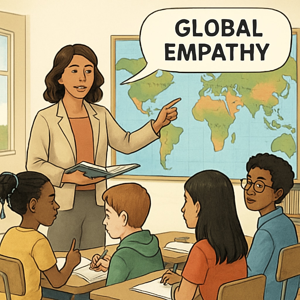A teacher explaining the importance of global empathy to a diverse classroom. Teacher discussing global empathy with students in the context of war victims and Gaza crisis.