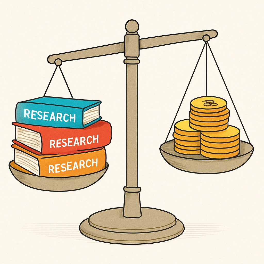 A conceptual image of a scale, with one side weighed down by books labeled Imbalanced scale showing labor exploitation in academia.