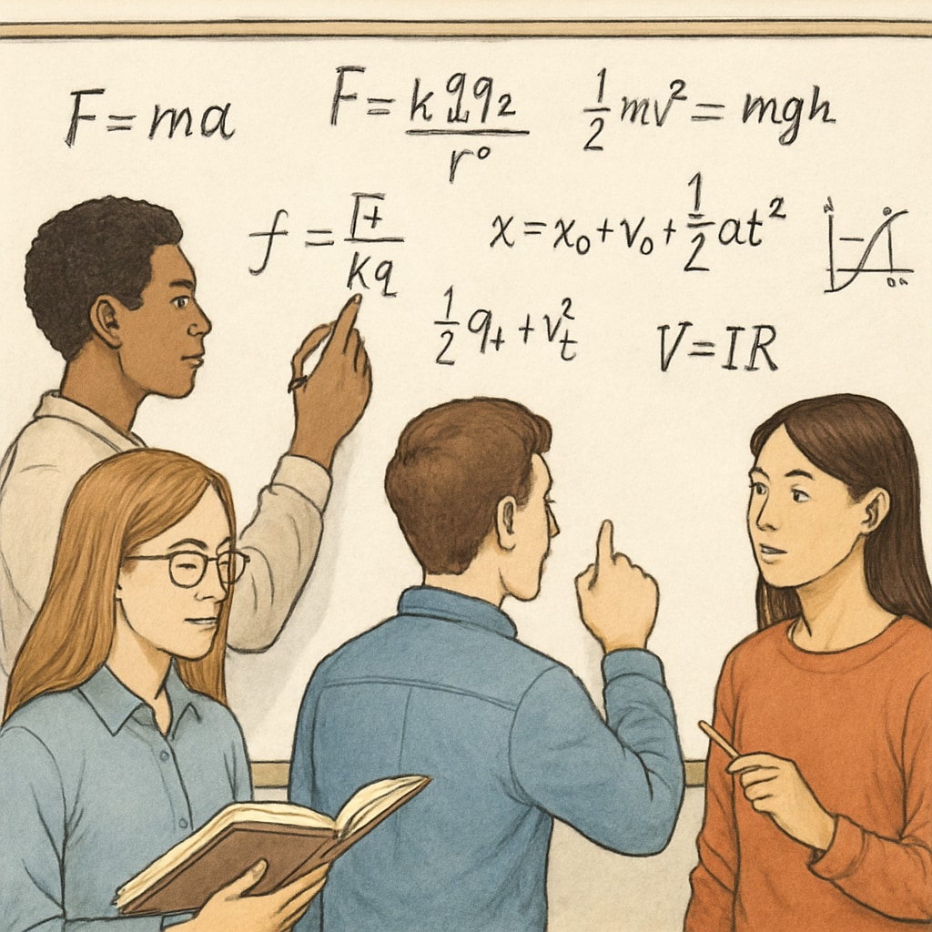 A physics student solving equations on a whiteboard with peers in a group study session. Group study session for physics problem-solving.