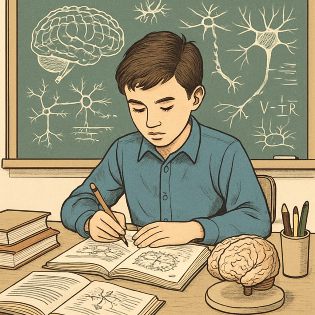 Gifted student studying neuroscience for academic enhancement and neurosurgery preparation.