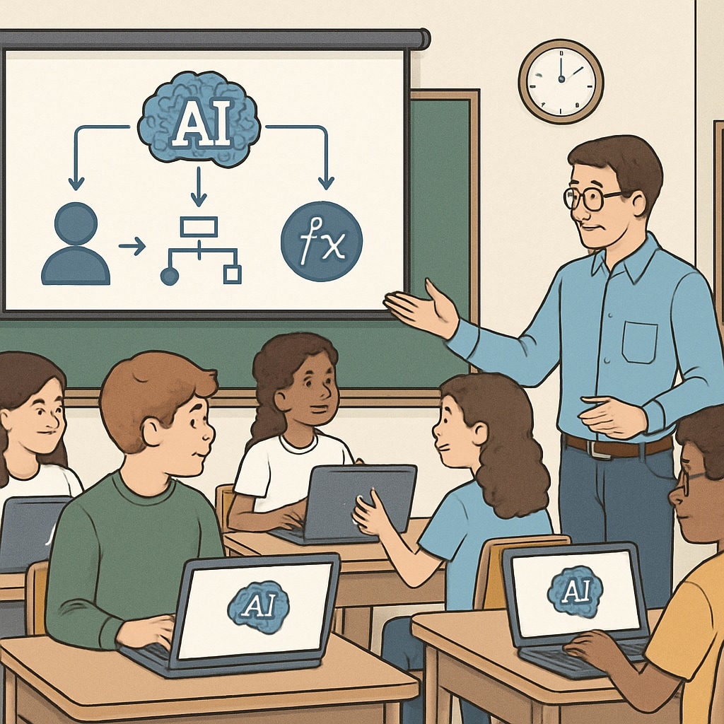 A classroom setting where students use laptops, showcasing AI-powered learning tools and teacher-student interaction. Students using AI-powered education tools in a classroom environment.