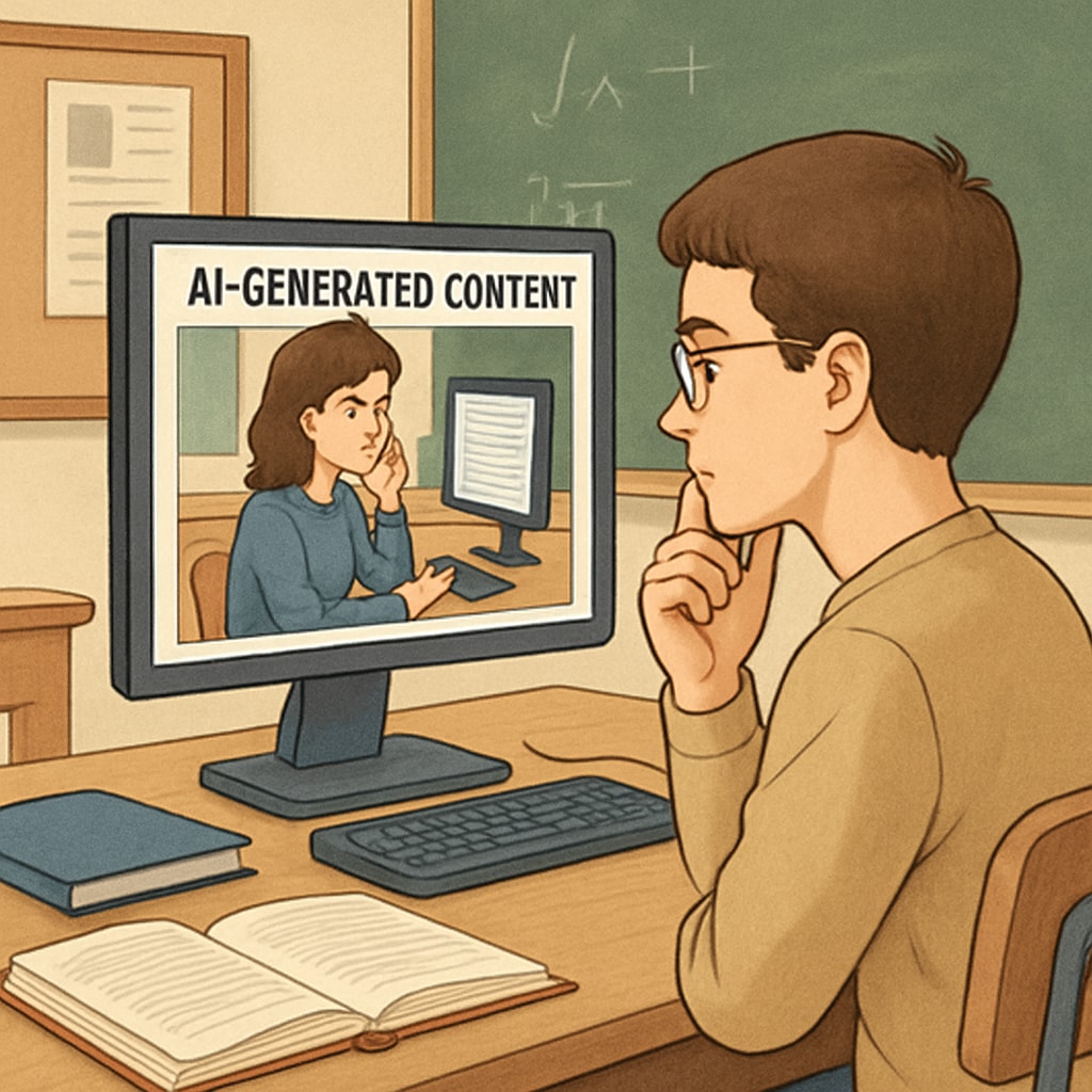 A student critically analyzing AI-generated content on a computer screen in a classroom environment. Student assessing AI-generated content for accuracy and critical thinking.