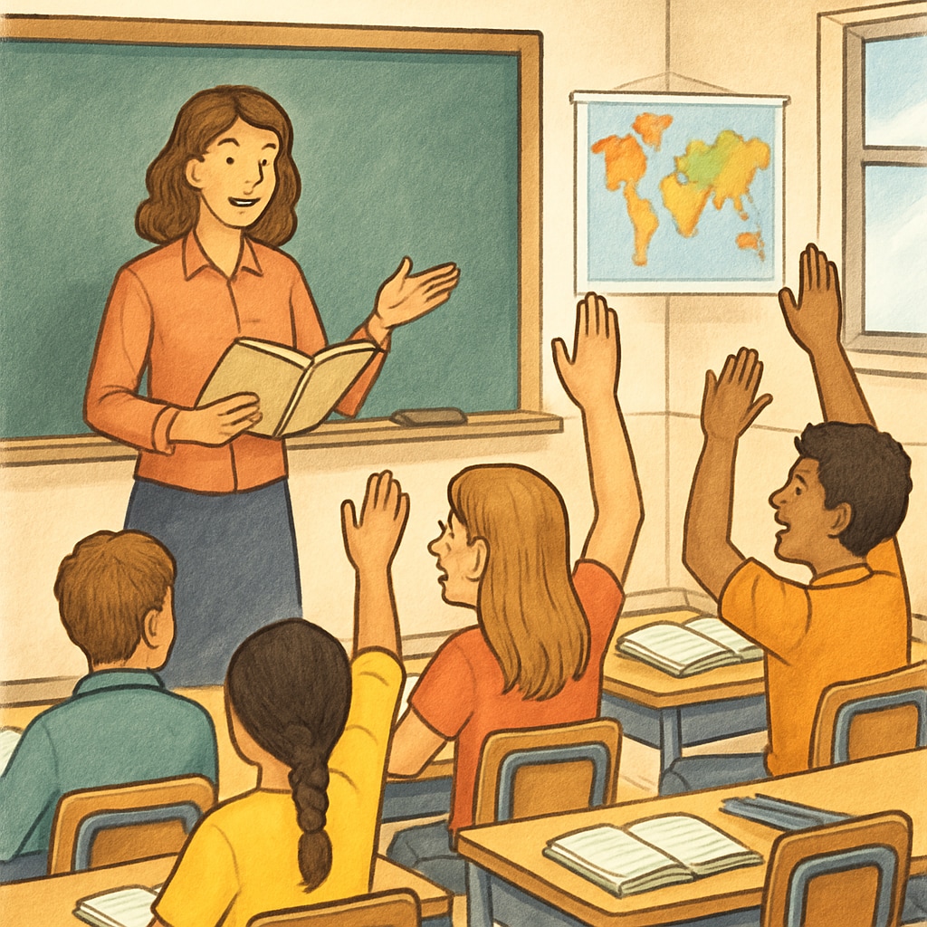 Teacher leading a classroom discussion in an educational setting.