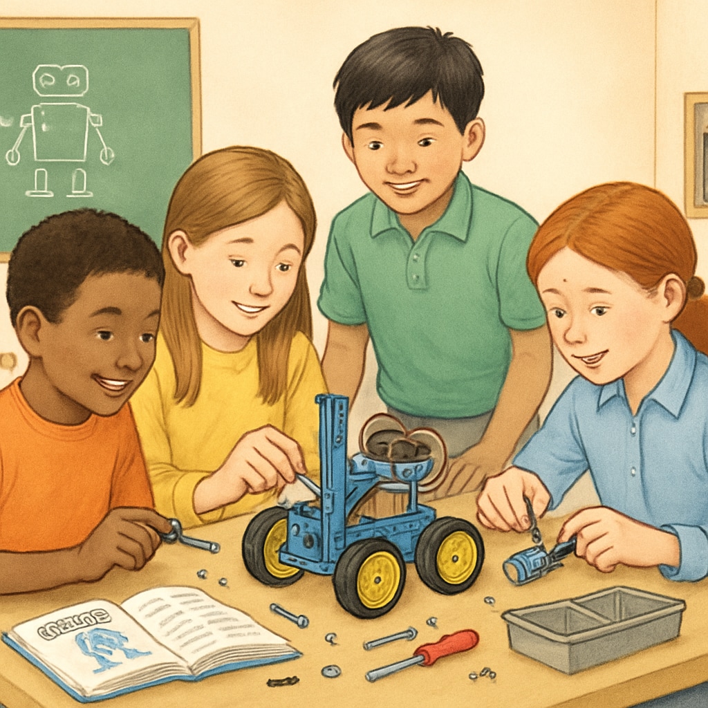 K12 students assembling robots using a beginner-friendly kit during a robotics course.
