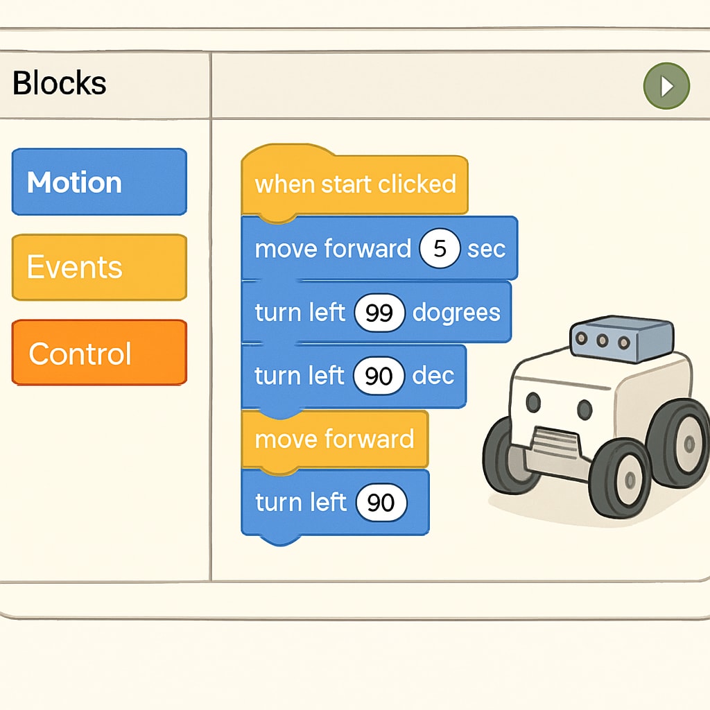 Block-based coding interface used by K12 students to program robots in a beginner robotics course.