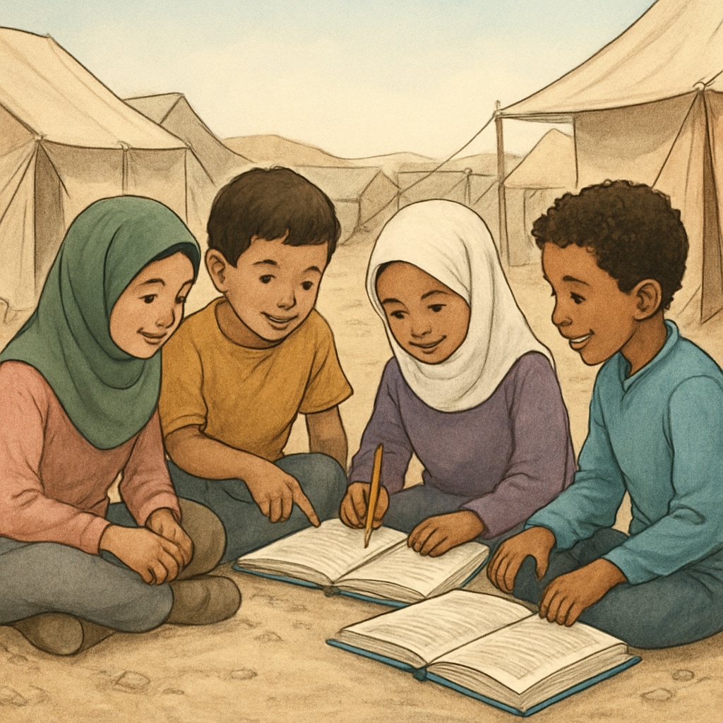 A group of children in a Middle Eastern refugee camp participating in an educational activity. Children in a Middle Eastern refugee camp engaging in an educational program led by Ms. Rachel.