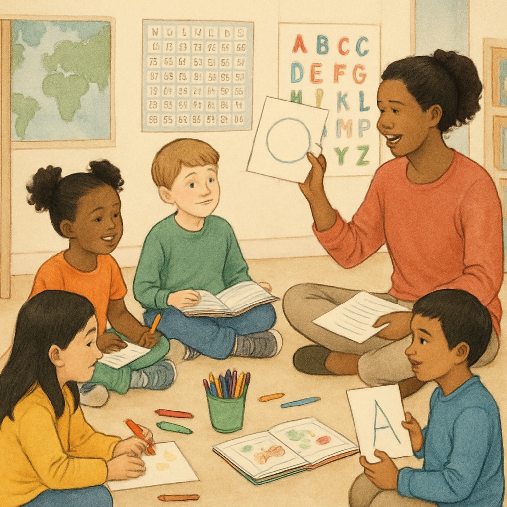 Children of diverse ethnic backgrounds attending a community-led educational workshop. A diverse group of children participating in a humanitarian educational initiative.