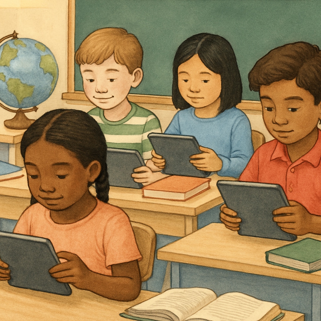 A diverse group of children using tablets in a classroom setting, symbolizing global education accessibility. Children using tablets in a classroom to represent interactive learning and global education accessibility.