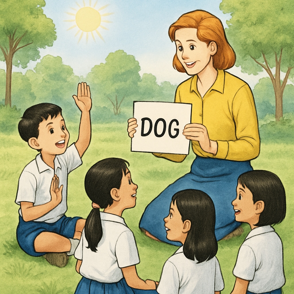A teacher leading an outdoor English activity with Thai students under a sunny sky. English teacher conducting an outdoor lesson with students at Thailand's Summer Camp.