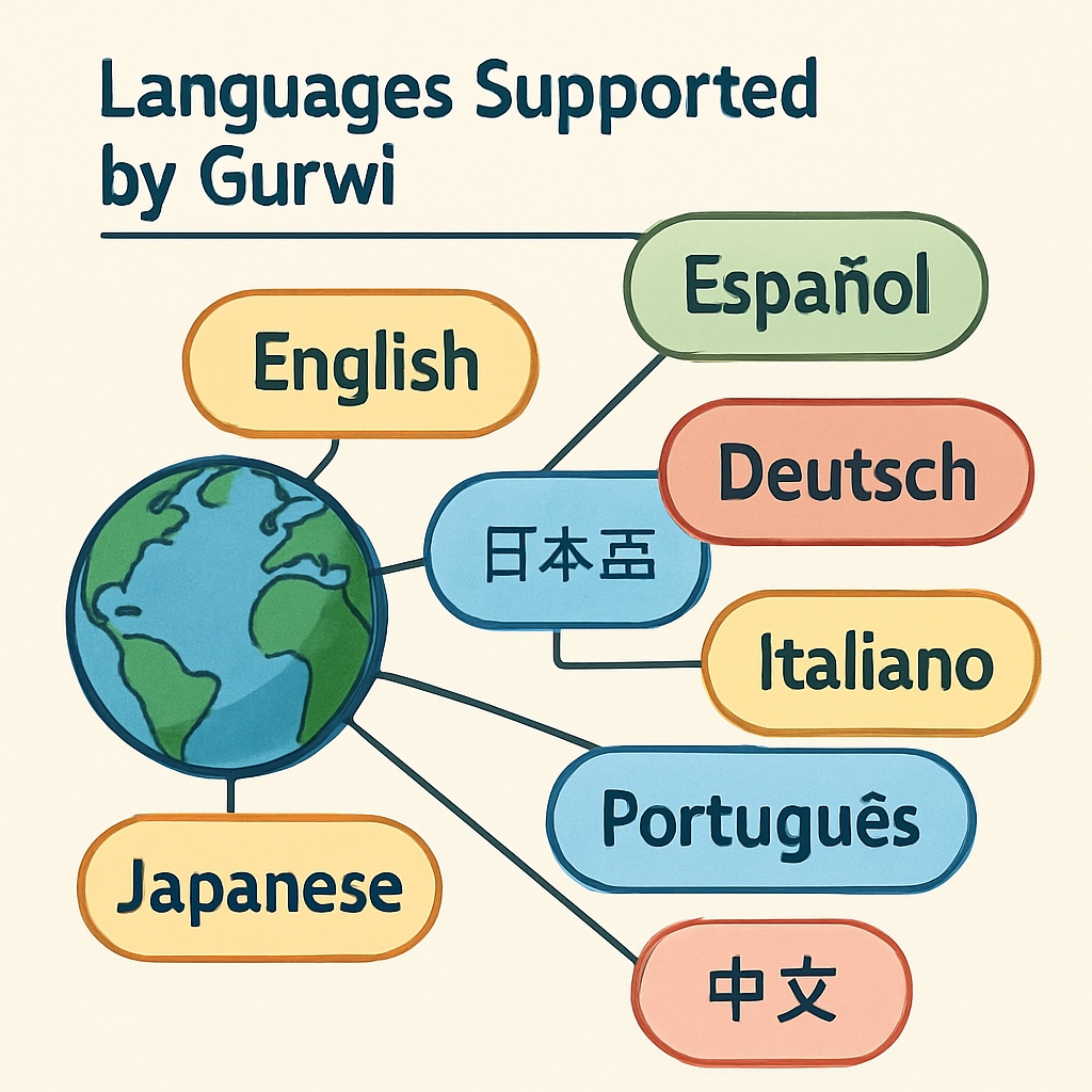 An interactive infographic showing different languages supported by Gurwi, with a globe icon representing global accessibility. Infographic displaying Gurwi's multilingual education feature with a globe icon to highlight global reach.