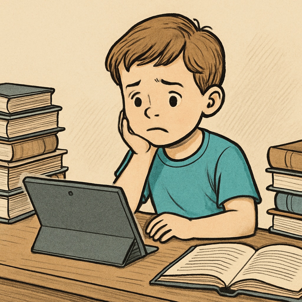 Child with tablet and books, illustrating tech vs. traditional learning.