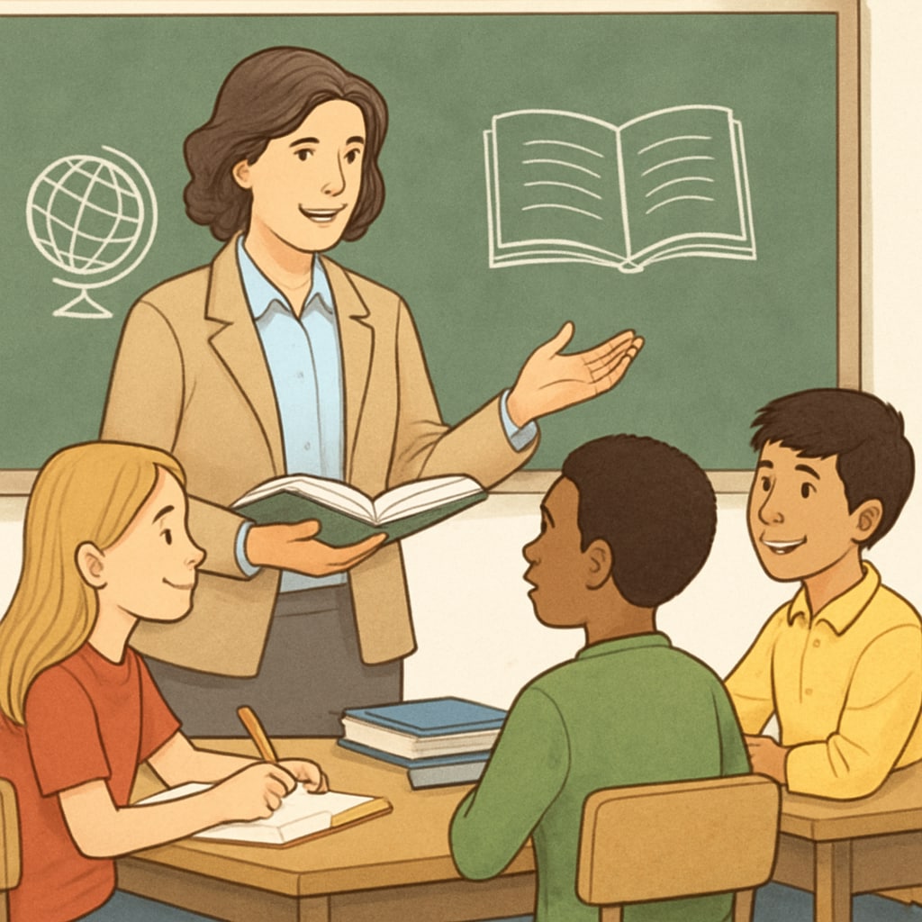A teacher interacting with students in a classroom setting, symbolizing educational research engagement. A teacher and students in a classroom, highlighting the role of educational research surveys.