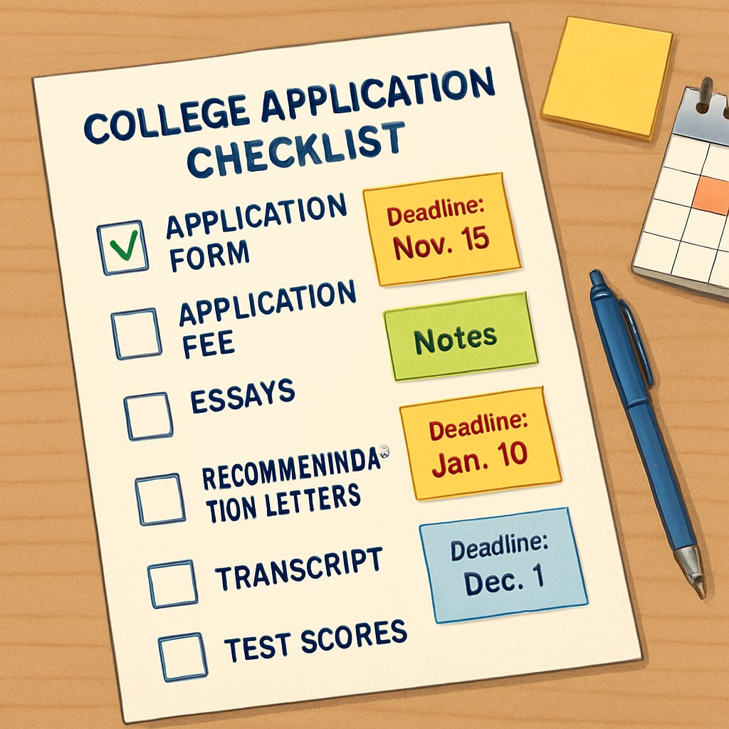 College application checklist with highlighted deadlines