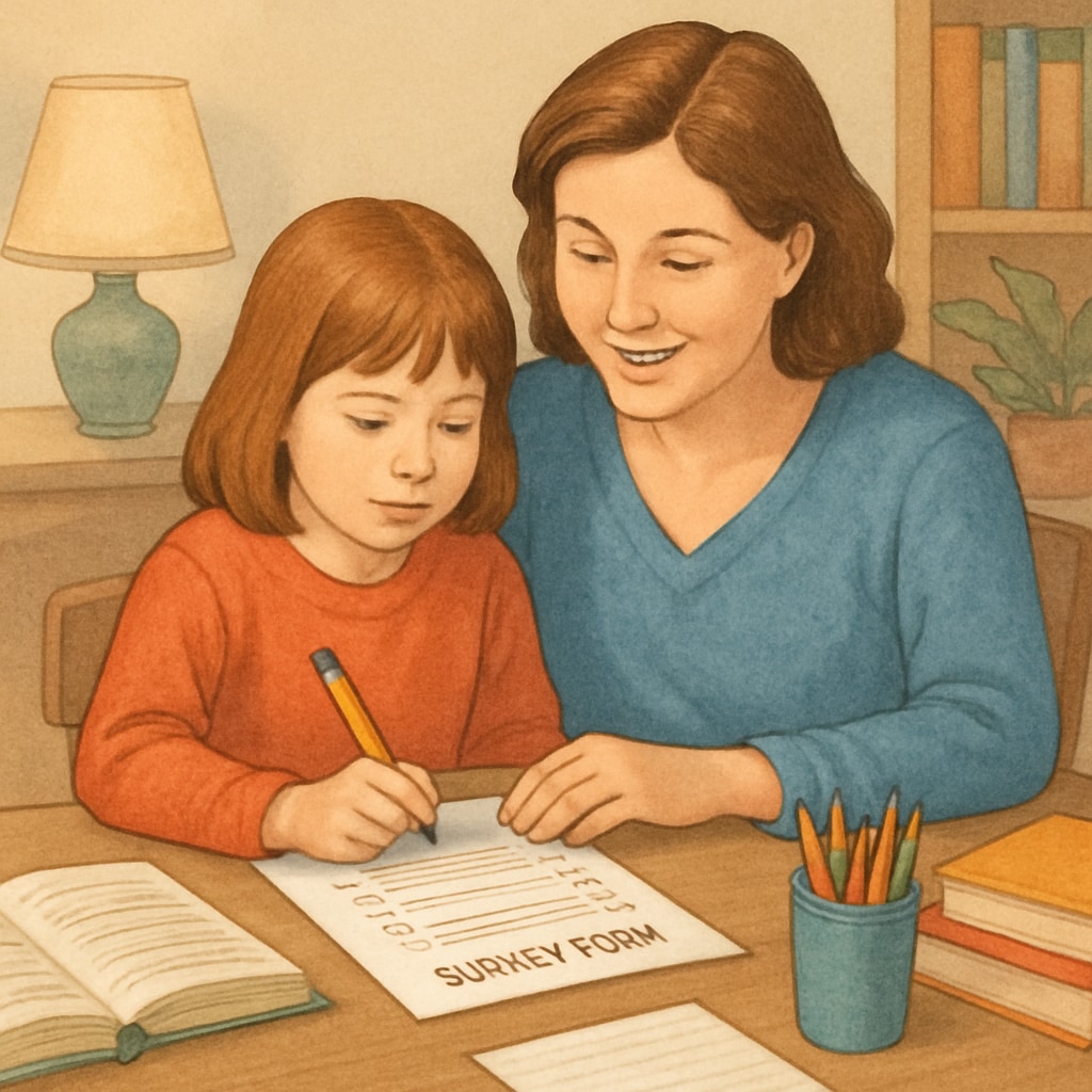 A parent and child filling out a survey at home, emphasizing family involvement in education. A parent and child completing a survey, representing family engagement in research surveys.