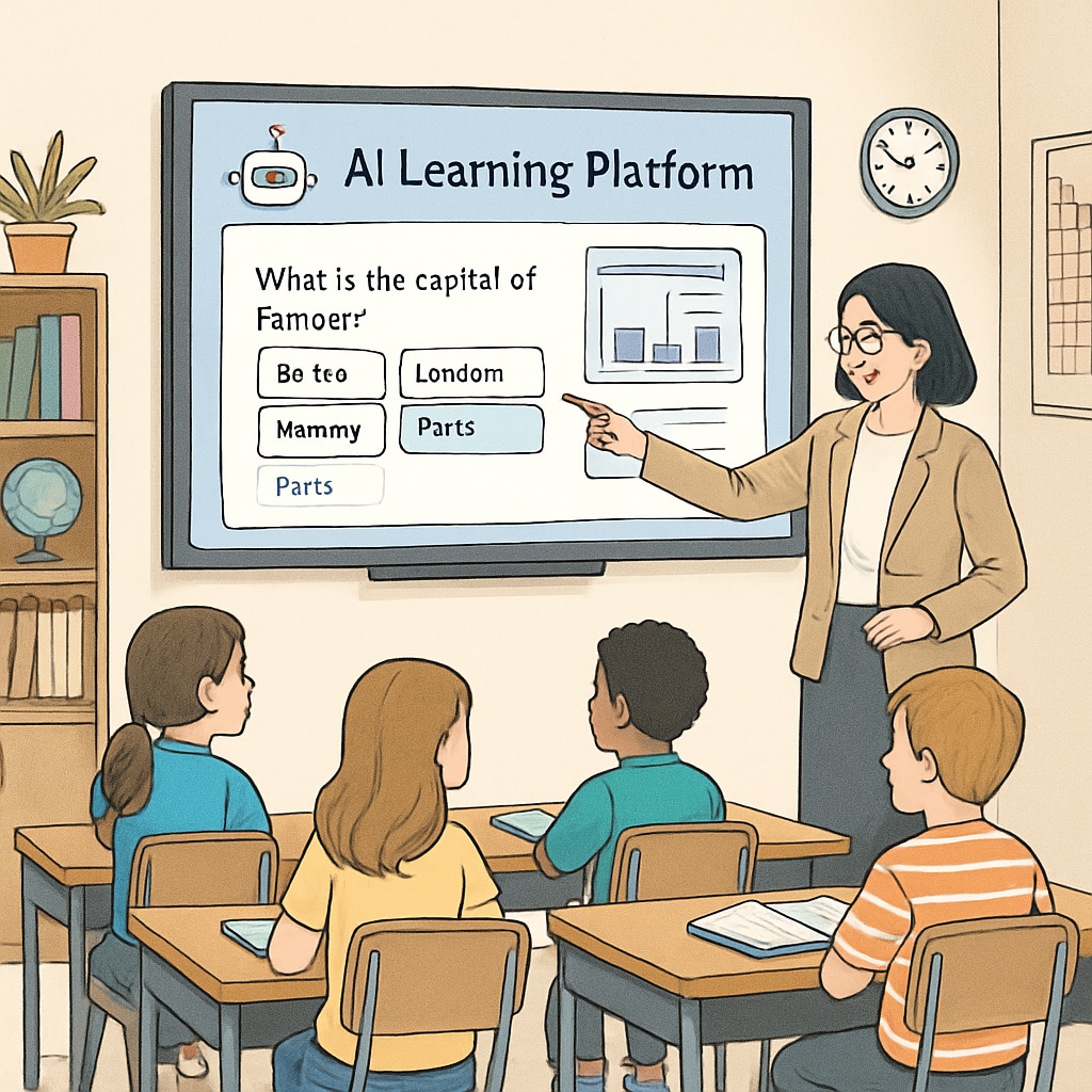 A teacher guiding students using an AI-powered learning platform in a classroom setting. Teacher using an AI tool to facilitate learning in a classroom.