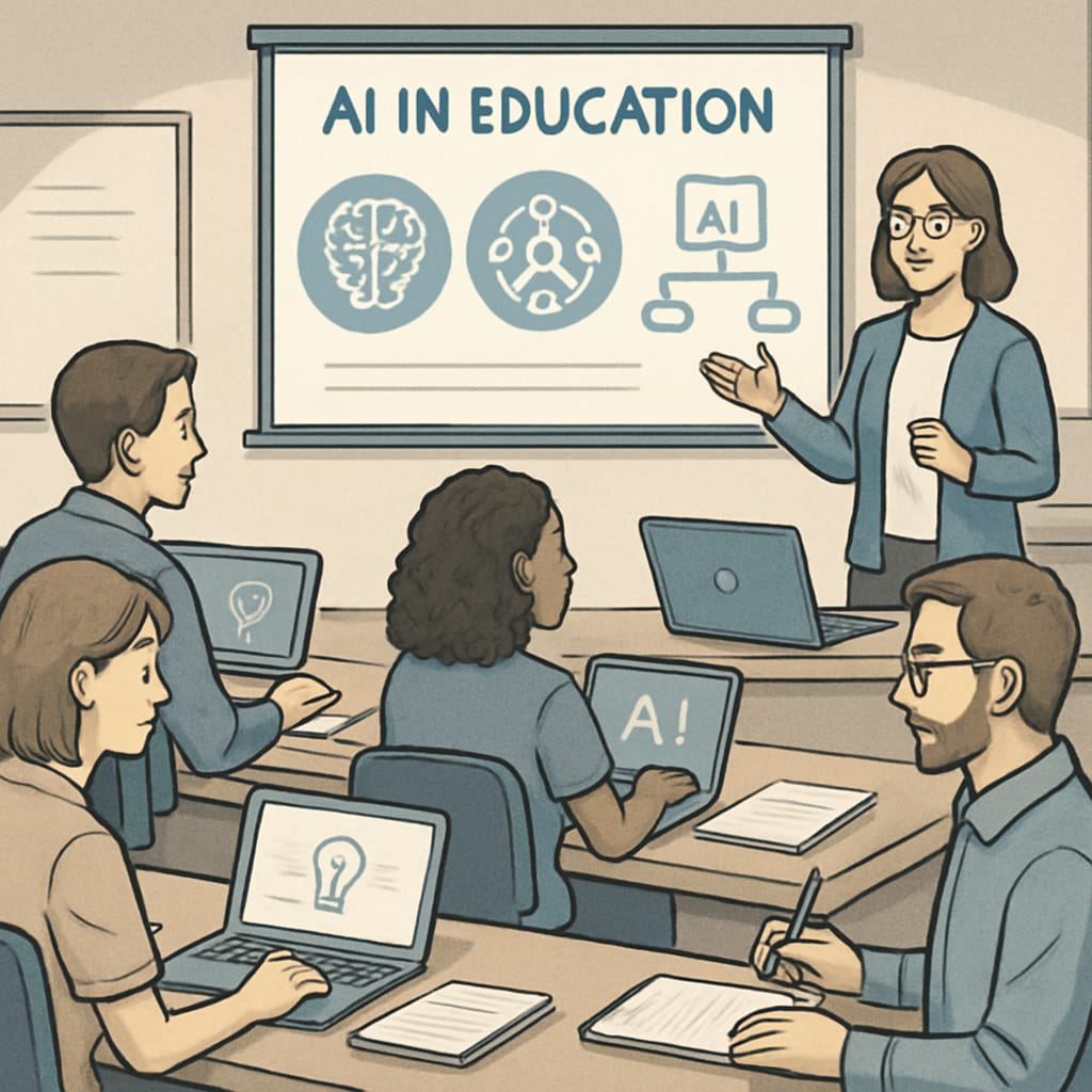 A professional development workshop where teachers learn to integrate AI tools in education. Teachers participating in a workshop on AI integration in schools.