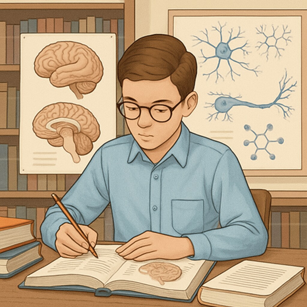Gifted student exploring neuroscience concepts in a library