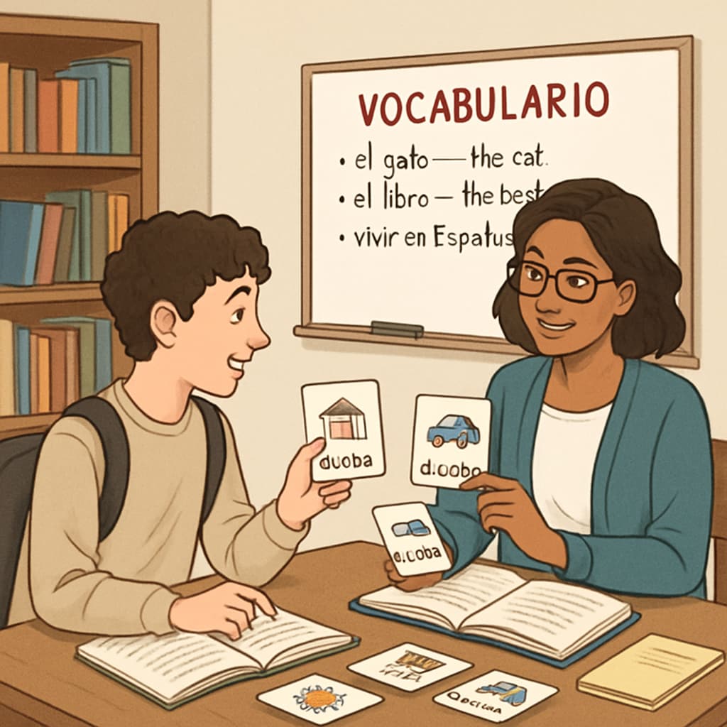 Student learning Spanish vocabulary with a tutor