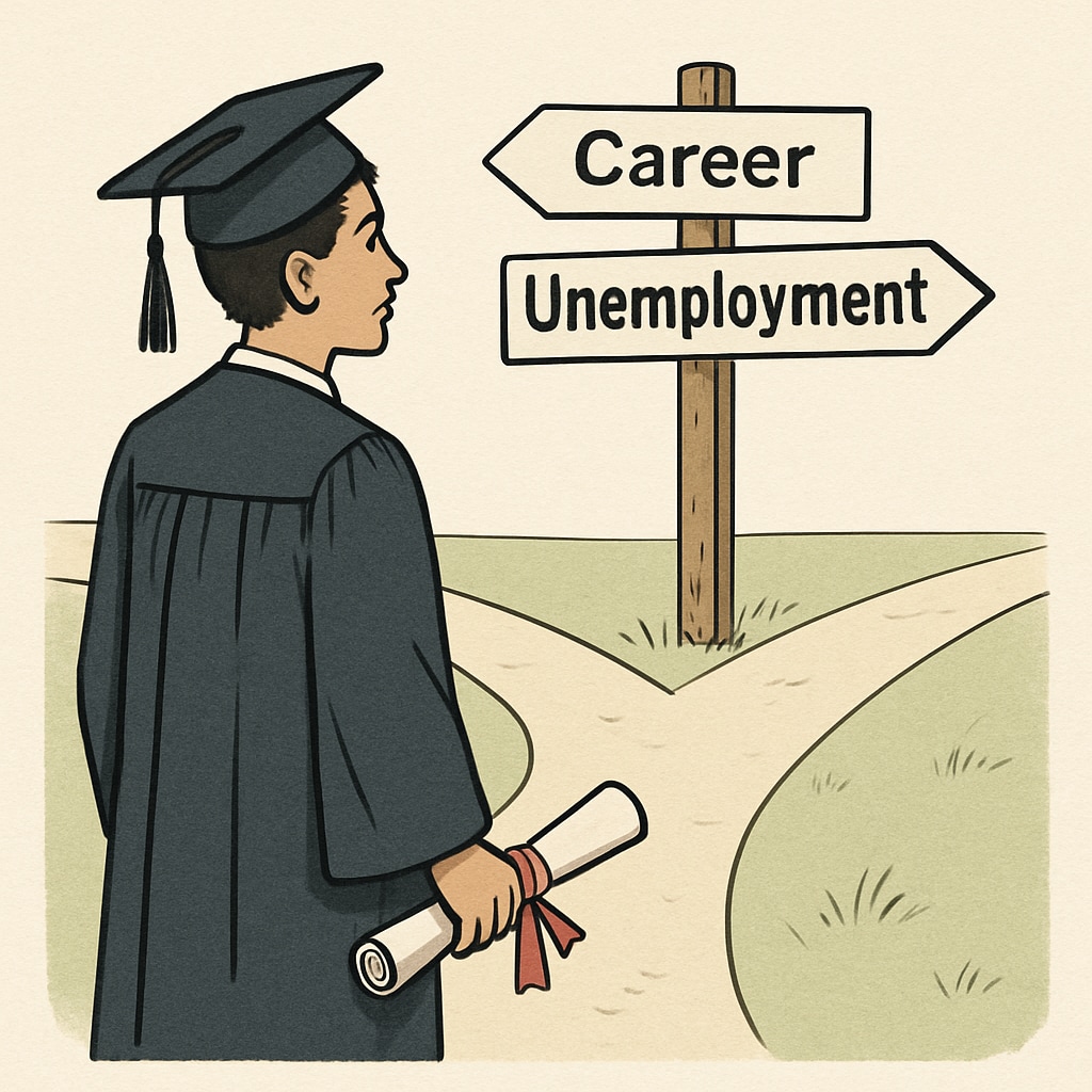 A young graduate holding a diploma, standing on a crossroads with signs labeled 'Career' and 'Unemployment.' This image reflects the dilemma faced by students in a high-unemployment era. Graduate standing at crossroads labeled 'Career' and 'Unemployment,' symbolizing education value.