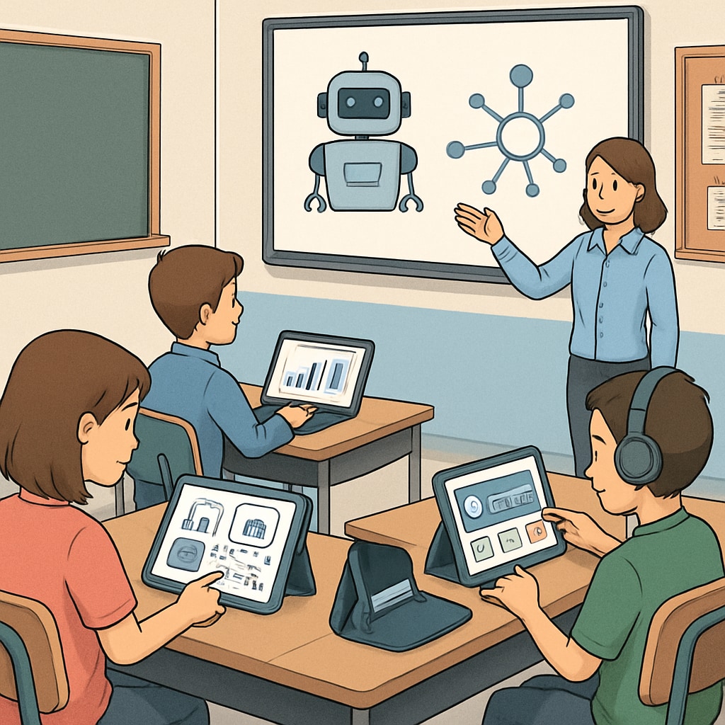 A classroom equipped with AI-powered learning tools, showcasing students interacting with adaptive learning software. AI-powered classroom tools in K-12 education, related to Melania Trump’s AI policy.