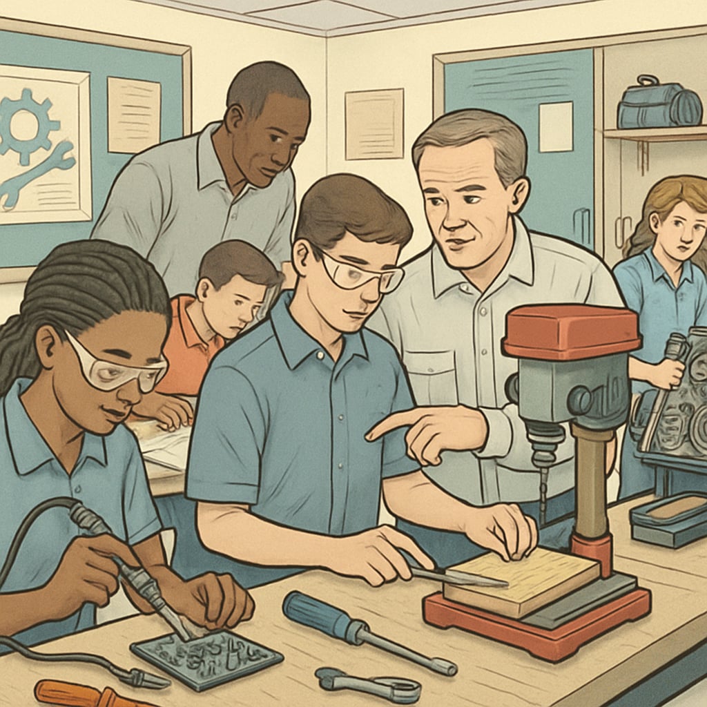 A classroom setting where students are engaged in hands-on vocational training with industry professionals. This image illustrates the importance of practical education in today’s job market. Students in a vocational training session with industry professionals, highlighting education’s evolving role.