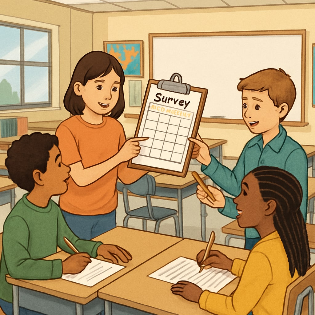 Students participating in a survey in a classroom setting, collaboration in K12 research.