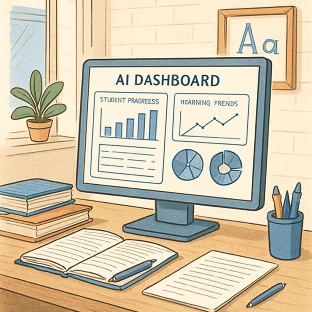 An AI dashboard in a teacher’s office, illustrating how AI assists in tracking student progress and identifying learning trends. AI dashboard supporting teachers in K-12 education, linked to Melania Trump’s White House AI initiative.