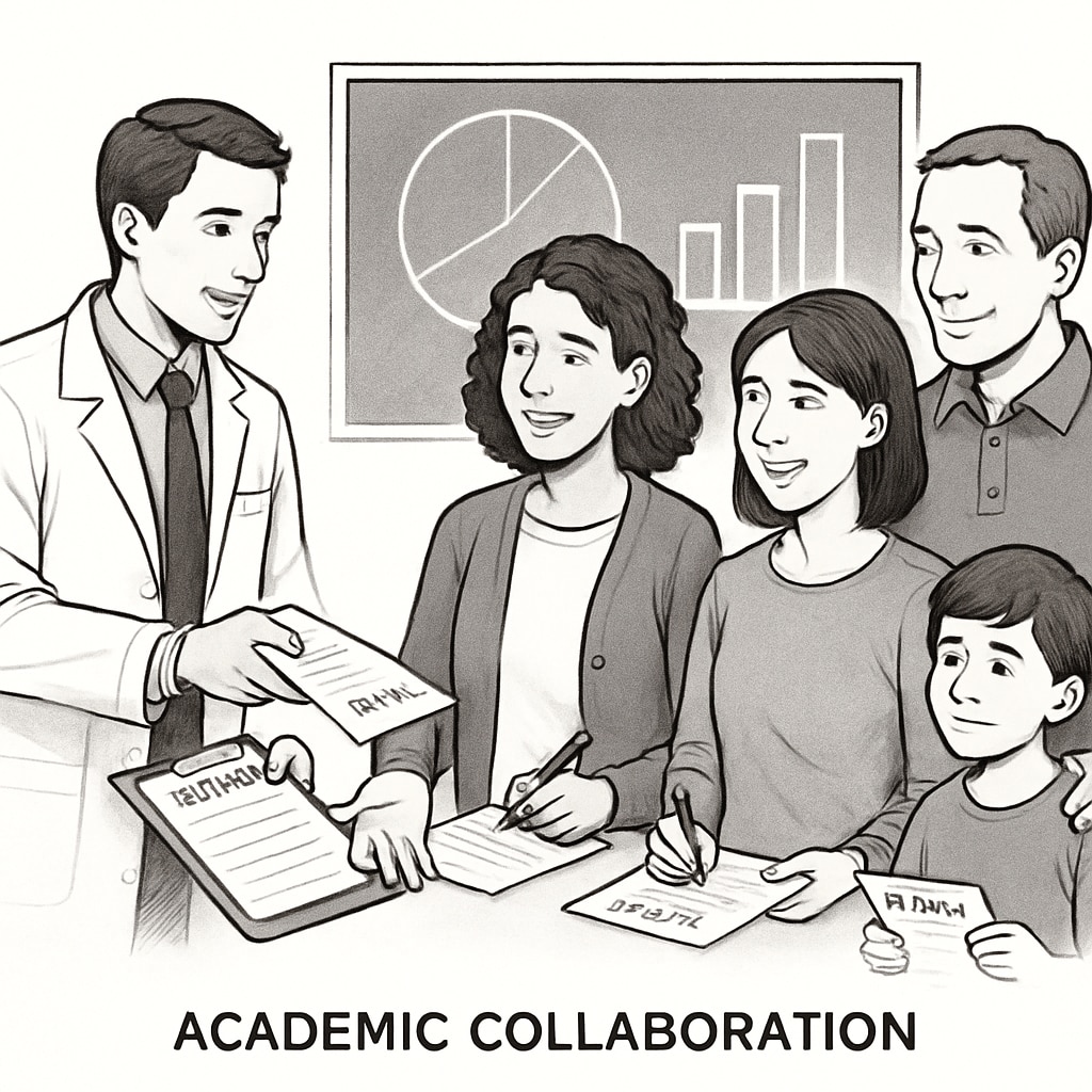Researcher working with teachers and parents on survey distribution, teamwork in academic research.