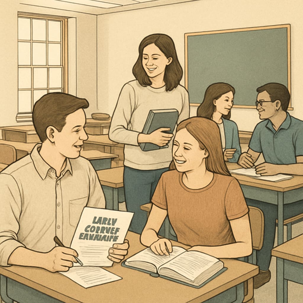 University classroom with young students participating in early college enrollment.