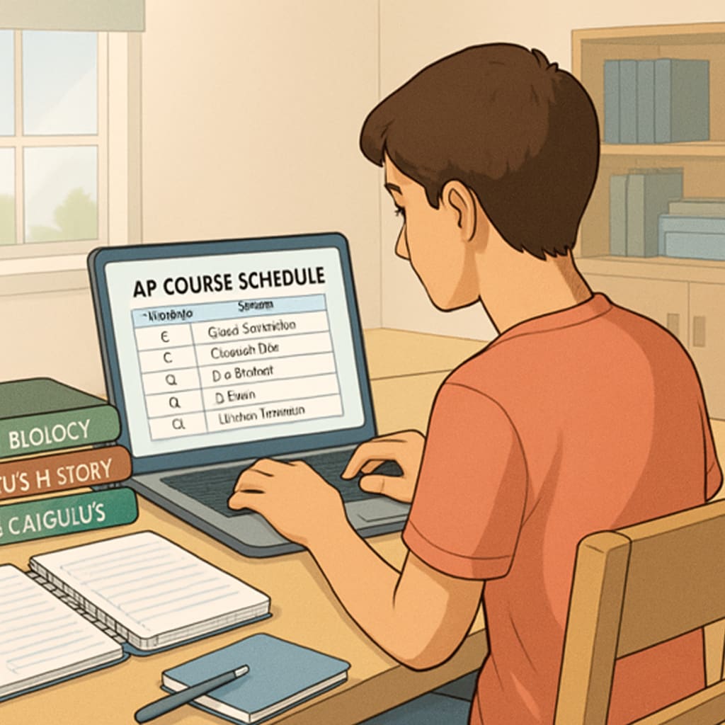 A high school student organizing their AP course schedule on a laptop, with textbooks and notes spread around. High school student planning AP courses, including AP Statistics, on a laptop.