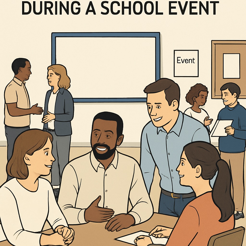 A photo of parents and teachers collaborating during a school event, representing community engagement. Parents and teachers working together, showcasing public elementary school culture