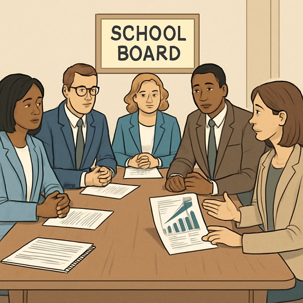 A school board meeting where members are discussing strategic plans with an educator. School board members discussing plans to improve educational outcomes.