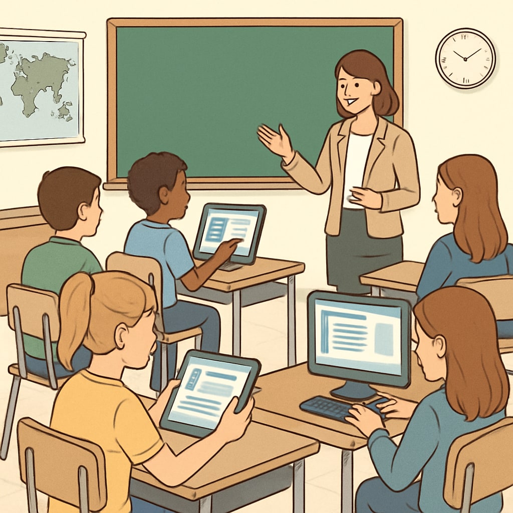 Students using digital tools in a classroom, illustrating research question formulation methods in K12 education.